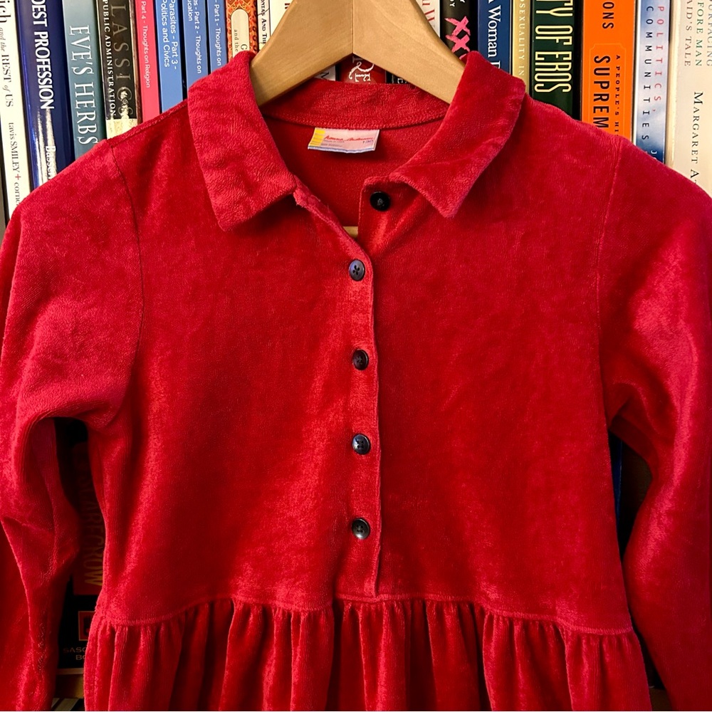 Hanna Andersson Vintage Red Velour Collared Button Front Holiday Dress 8 EU 130 - Picture 2 of 6